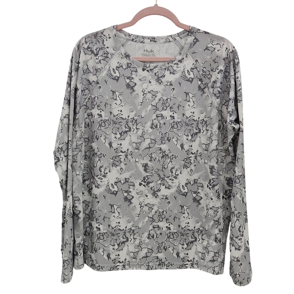 Huk Fishing Shirt XL Gray‎ White Camo Long Sleeve Performance Polyester Mens Top